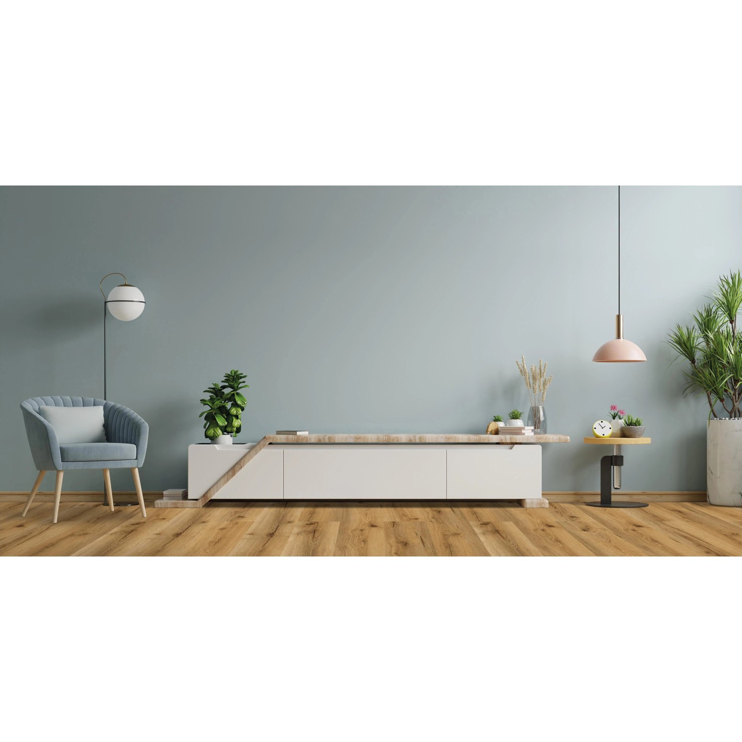 Wohnraum mit Click-Vinylboden Weddingstedt Eiche in Holzoptik.