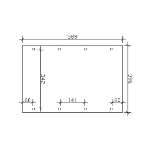 Maße des Skan Holz Walmdach-Einzelcarports Spreewald: 396 x 589 cm, Pfostenanordnung.