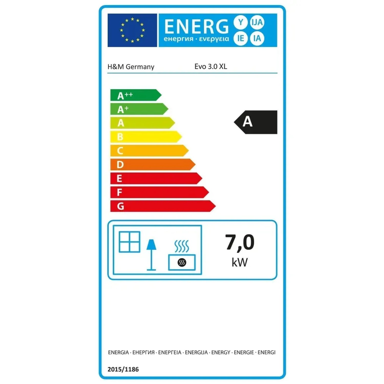Energielabel für H&M Germany Kaminofen EVO 3.0 XL, Energieeffizienzklasse A, 7 kW Nennwärmeleistung.