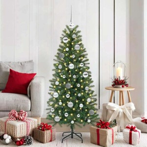 Silbernes Weihnachtskugel-Set aus Kunststoff mit 150 warmweißen LEDs, festlich dekoriert am Weihnachtsbaum.