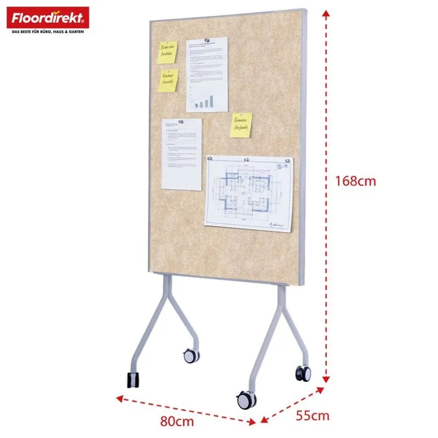 Mobile Moderationstafel GIANT, beidseitige Filztafel 80x120cm in Beige auf Rollen, mit Notizen und Plänen bestückt.