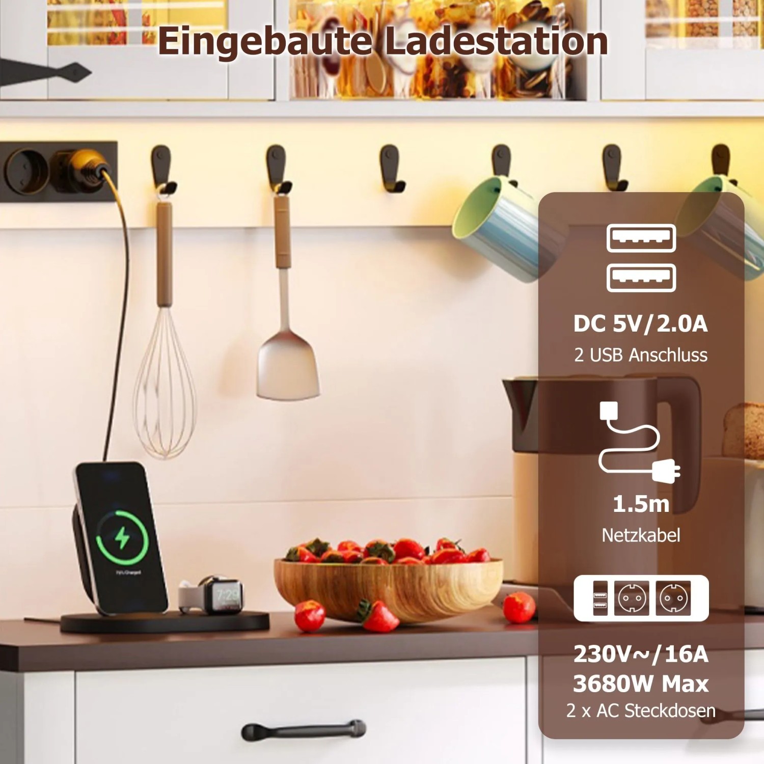Merax Küchenschrank 180x108x40 cm Weiß LED Steckdose Arbeitsplatte 6 Schubladen_9