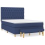 Blaues Boxspringbett (140x200 cm) mit Matratze, Kopfteil und Bank. Stoffbezug.