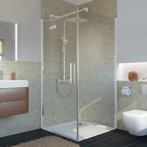 Breuer Drehtür Avanta mit Festteil, Chromoptik, Anschlag links. Duschtür aus Glas für bodengleiche Dusche.