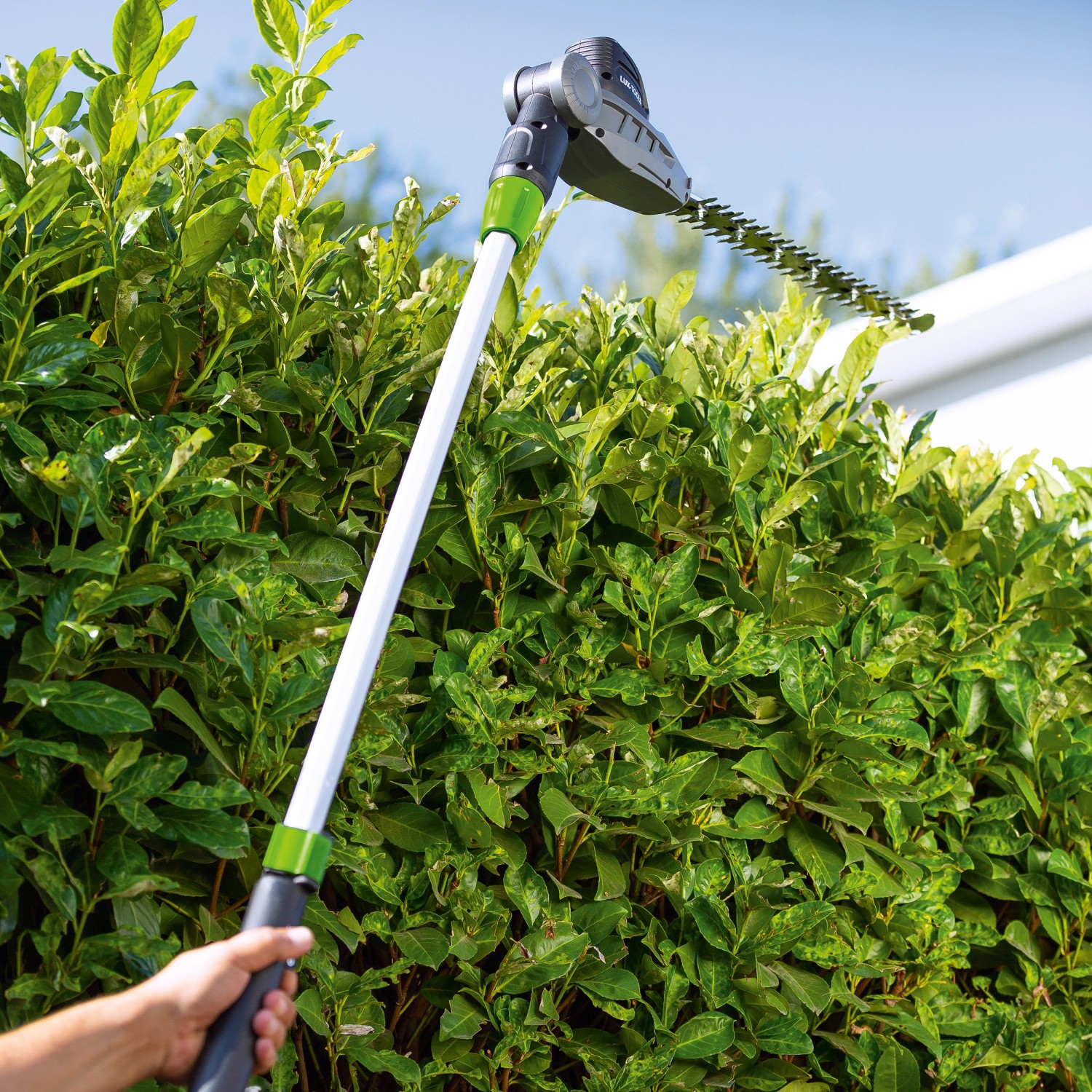 LUX Akku-Teleskop-Heckenschere & Astsäge beim Heckenschnitt. Kabellose Heckenschere mit Teleskopstiel.