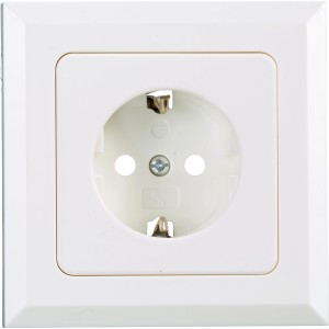 Weiße CMI Schutzkontakt Steckdose Mira mit Rahmen, zur Unterputzmontage im Innenbereich.