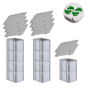 PROREGAL Spar Set: 10 graue Euroboxen mit Deckel und grünen Schiebeschnappverschlüssen. Ideal zur Aufbewahrung.