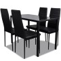 Schwarzes 5-teiliges Esstisch-Set mit Glasplatte und Kunstlederstühlen für Esszimmer.