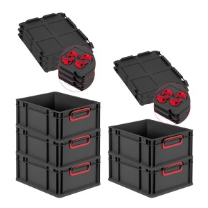 PROREGAL SparSet 5x Eurobox Nextgen Color Mit Auflagedeckel HxBxT 17x30x40cm 16 Liter Schwarz Griffe Rot Geschlossen Eurobehälter Transportbox