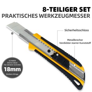 CCLIFE 8 Cuttermesser Set 18mm mit 40 Abbrechklingen Sicherheitslock Kartonmesser Mehrzweck Teppichmesser