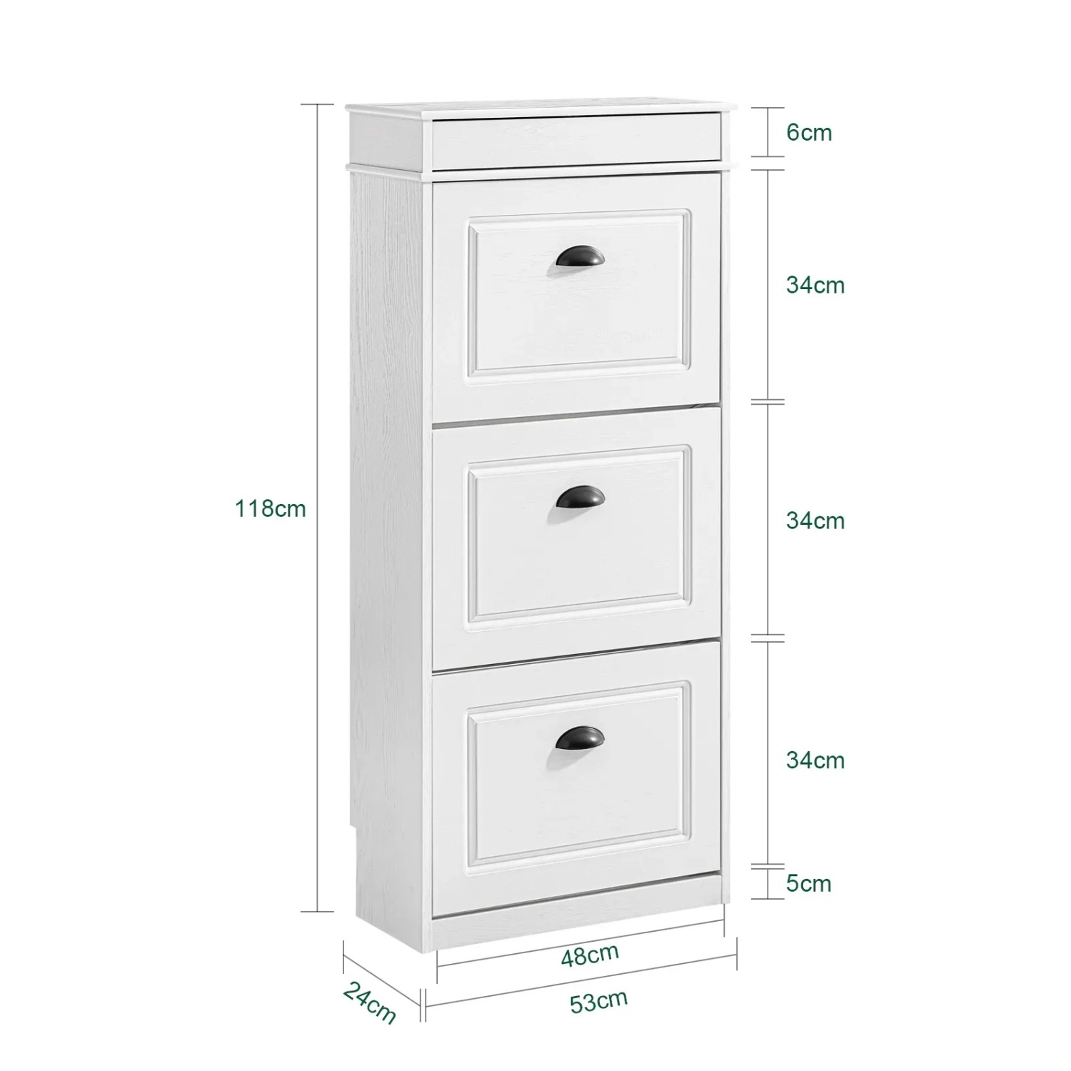 Weißer, schmaler Schuhschrank mit 3 Klappen und Schublade, 53x118x24cm. Ideal für Flur und Diele.