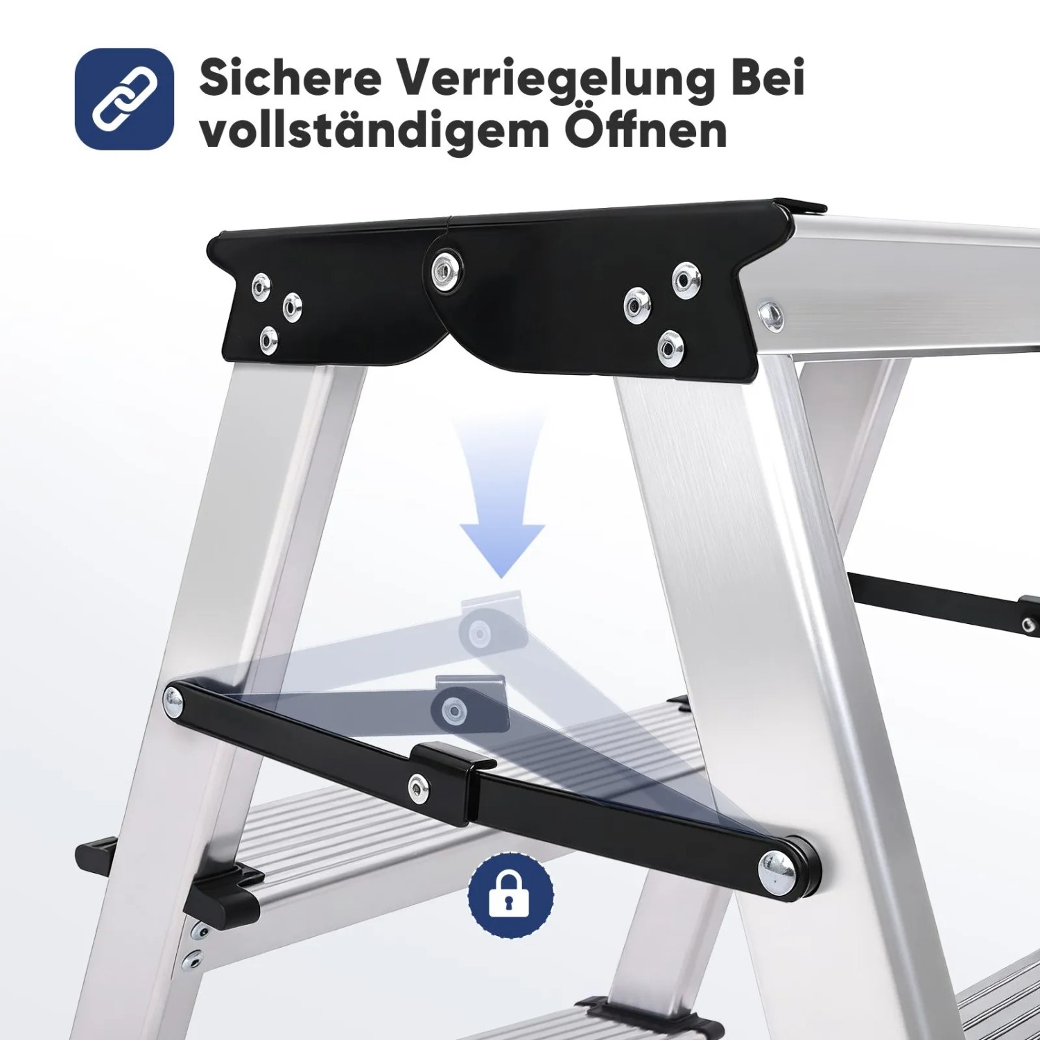 Sekey Alu Trittleiter, 3 Stufen: Detail der sicheren Verriegelung beim vollständigen Öffnen. Klappmechanismus.