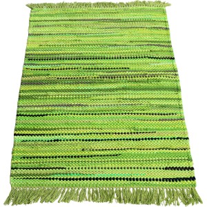 Grüner Fleckerlteppich Arlberg, 70x140 cm, handgefertigt. Wollteppich mit Fransen.