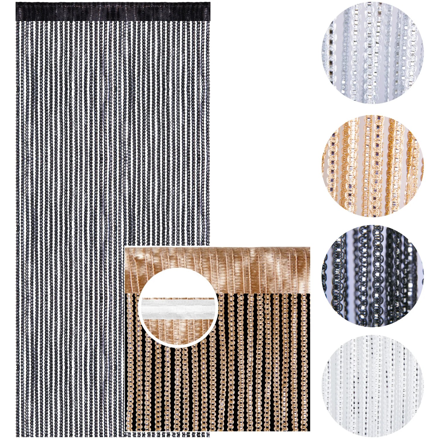 Arsvita Fadenvorhang, schwarz mit Lurex, 140x250cm. Gardine/Raumteiler mit Metall-Optik.
