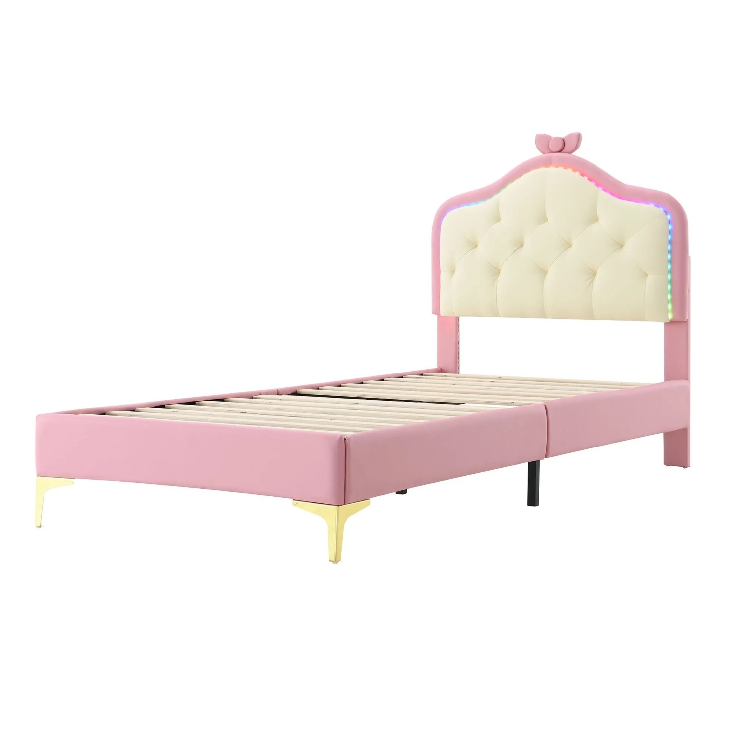 KOMHTOM Polsterbett 90x200Cm  Einzelbett  Mehrfarbig  Kinderbett Mit Holzlattenrost  Einzelbett  Pu  ​​Rosa