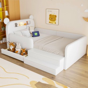 Weißes Kinderbett 90x200cm mit Bärenkopf-Kopfteil, USB, Nachtlicht, Stauraum und Stufen. Ideal für Kinderzimmer.