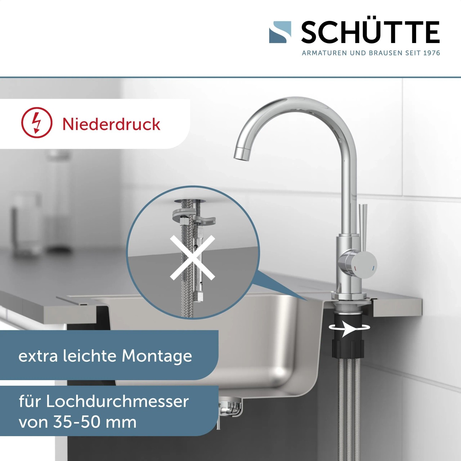 Schütte Spültischarmatur Cornwall, Niederdruck, Chrom, Montage am Spültisch.