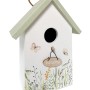 Holz-Deko Vogelhaus in Weiß/Salbei mit Blumenmuster und "Welcome"-Schild für Ostern.