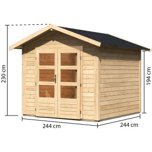 Karibu Holz-Gartenhaus Tessin 1 Natur, 240x240 cm, mit Doppeltür und schwarzen Dachschindeln.