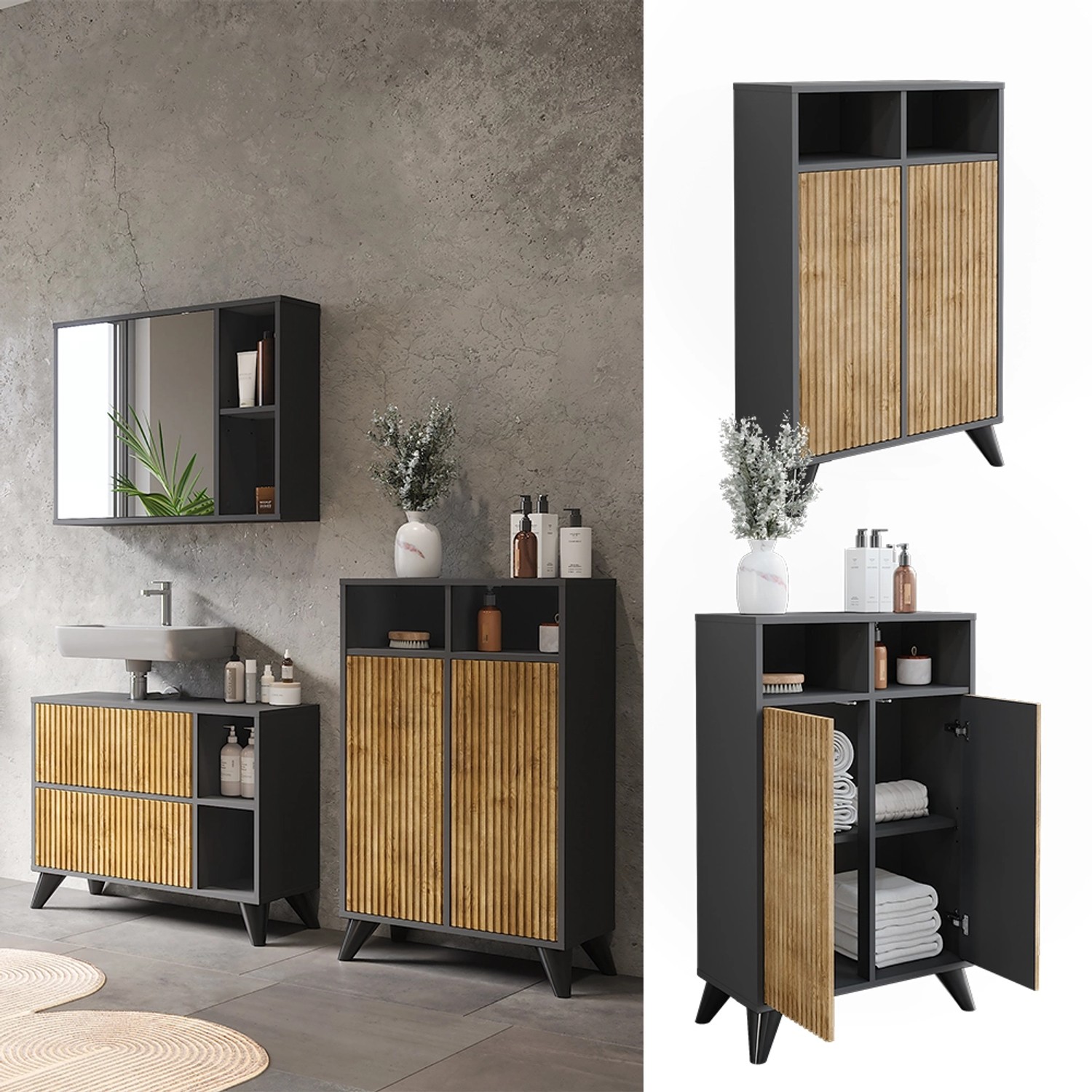 Vicco Midischrank Leano, Anthrazit/Bergeiche, 60x97 cm, Badregal mit 2 Türen.