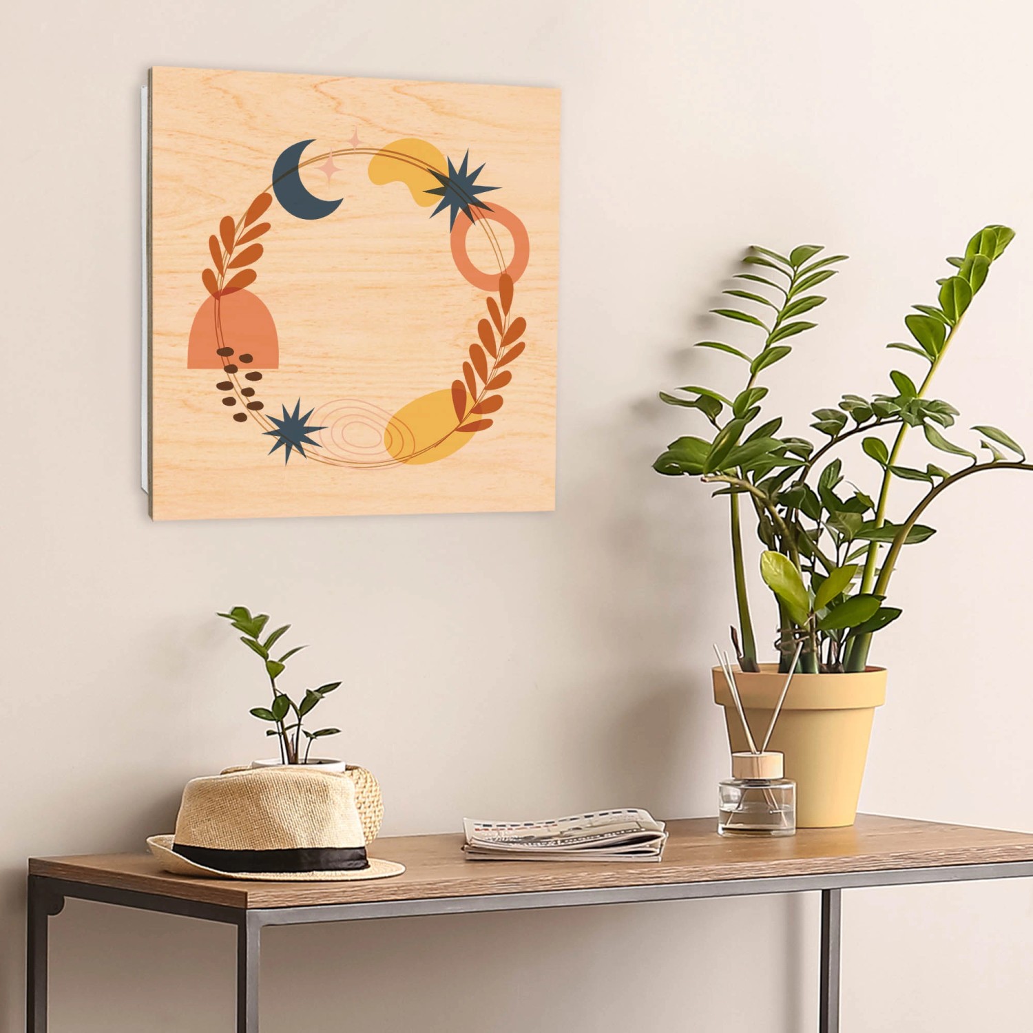 Banjado Schlüsselbox aus Holz (30x30cm) mit Astro-Herbstkranz Motiv und 50 Haken. Schlüsselkasten für die Wand.