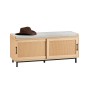 SoBuy Schuhbank FSR154-N mit Sitzfläche, naturfarben mit Rattan-Schiebetüren und grauem Sitzkissen.