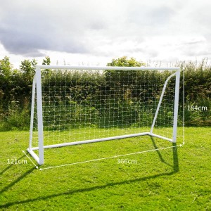 Weißes Fußballtor 3.6m x 1.8m mit Netz und Maßen auf Rasen für Garten oder Sportplatz.