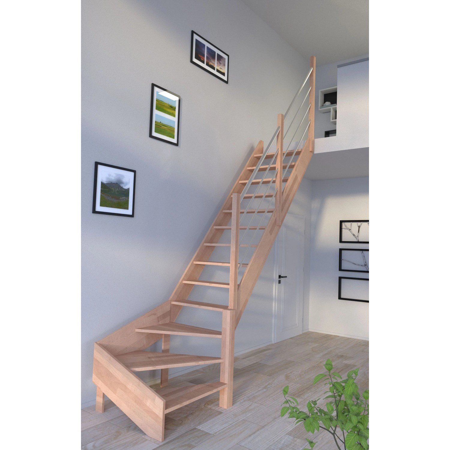 Gewendelte StarWood Treppe Rhodos aus Buche mit Holz-Edelstahl-Geländer.