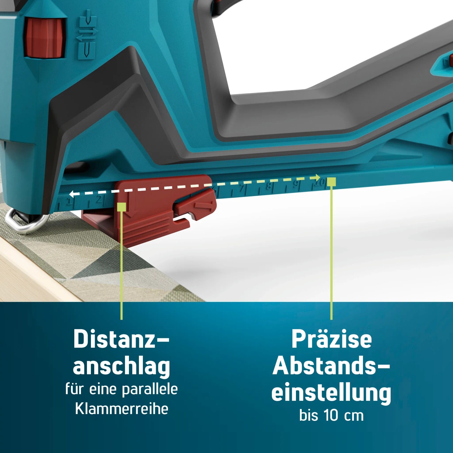 Novus Akkutacker J-550: Detailaufnahme des Distanzanschlags für präzise Klammerabstände bis 10 cm.