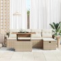 Beiges 6-tlg. vidaXL Garten-Sofa-Set aus Poly Rattan mit höhenverstellbarem Tisch.