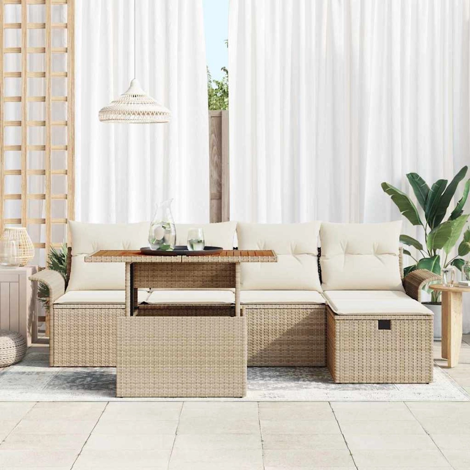 Beiges 6-tlg. vidaXL Garten-Sofa-Set aus Poly Rattan mit höhenverstellbarem Tisch.