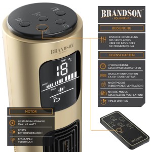 Brandson Turmventilator, champagnerfarben, mit Fernbedienung. Ventilator mit Display und Bedienfeld.