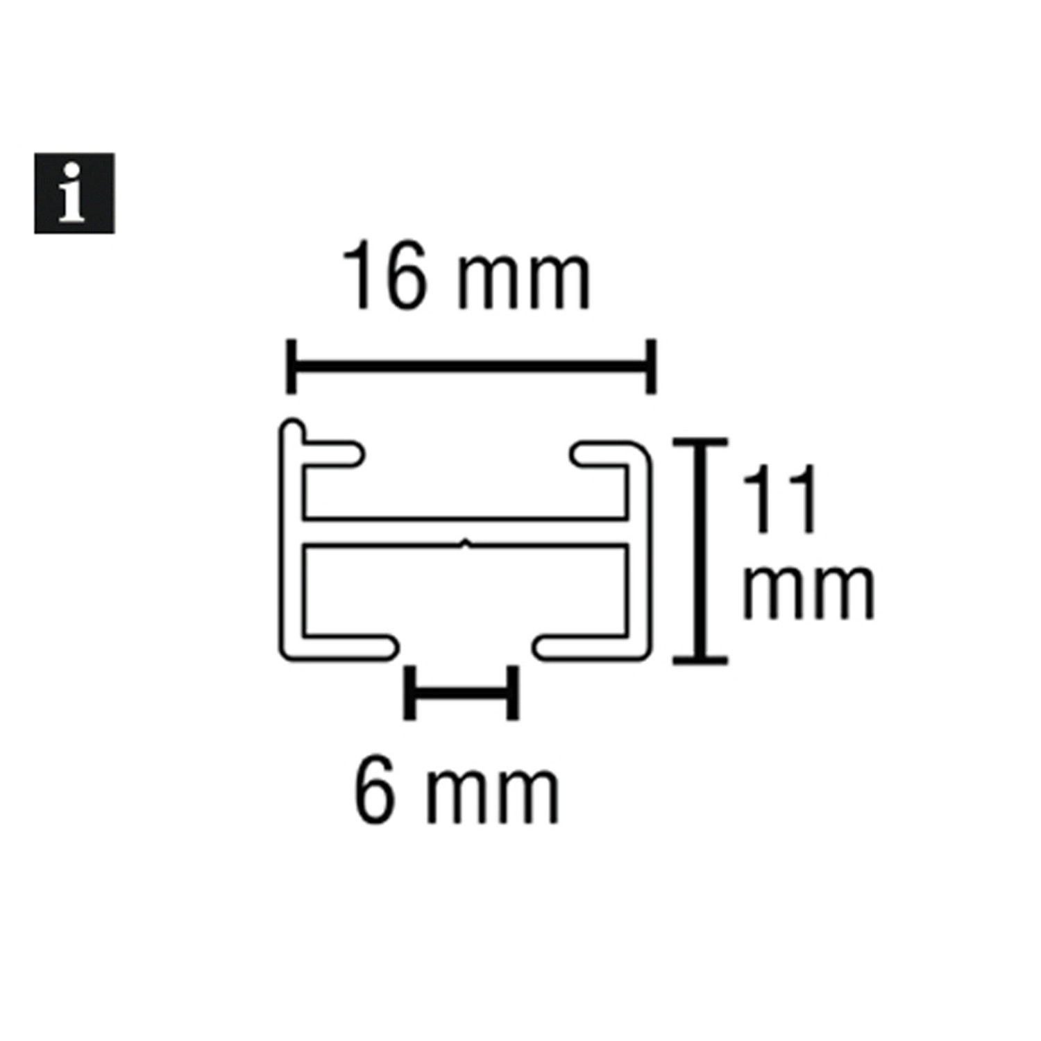 Querschnitt der Gardinia Vorhangschiene Lucy, weiße Schiene mit Maßen 16x11x6 mm.