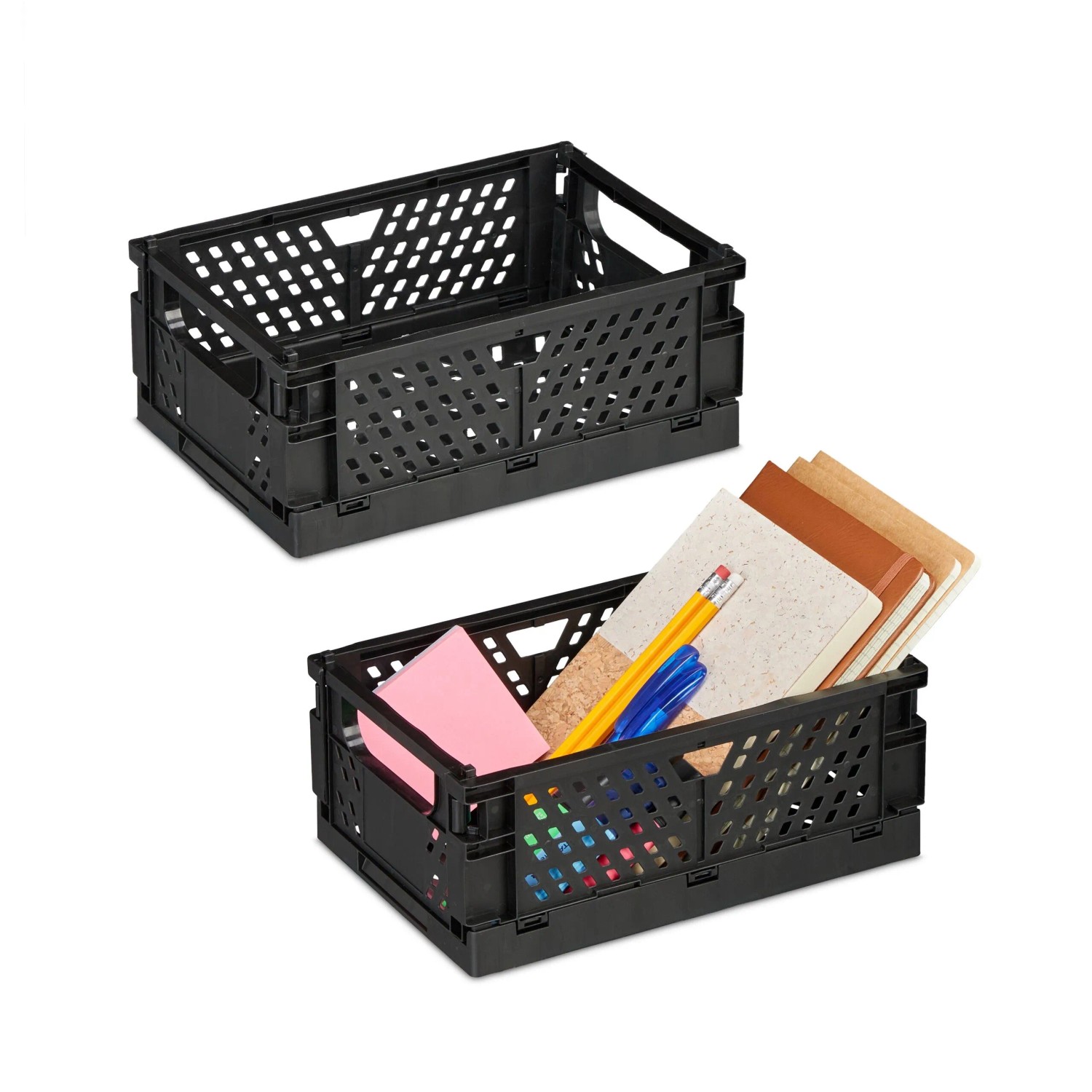 Relaxdays Klappbox 2er Set Kunststoff Schwarz Stapelbar Zusammenklappbar 10 cm x 25 cm x 16,5 cm