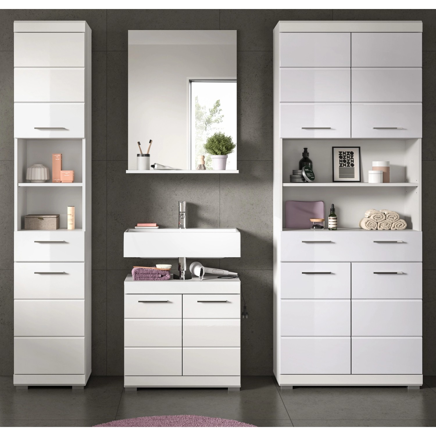 Inn.Furn Badmöbel Set in Weiß Hochglanz 4-teilig 200 cm Shawn günstig online kaufen