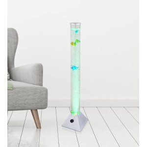 Globo LED-Stehlampe Mendoza, silberfarben, mit Wasserblasen und Fischen, modernes Design.