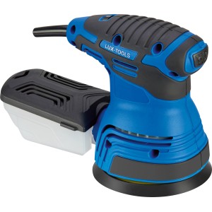 Blau-schwarzer LUX Exzenterschleifer E-EXS-350 mit Staubfangbox.