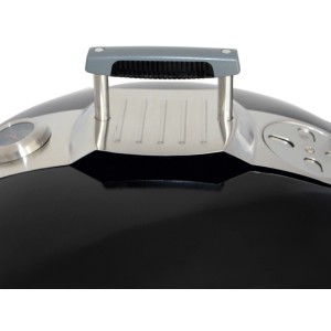 Detailaufnahme: Deckel des Holzkohle-Kugelgrills North Bay mit Thermometer und Griff.