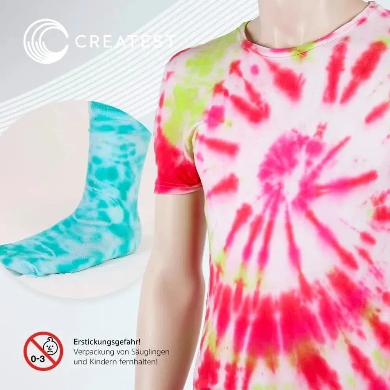 CREATEST Batikfarben-Set: T-Shirt und Socke mit bunten Batikmustern.