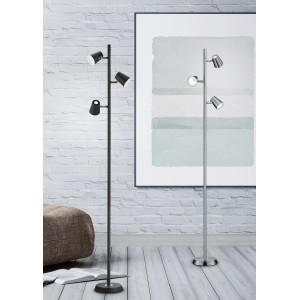 Zwei Trio LED Stehleuchten Narcos in Nickel matt und Schwarz vor einer Wand mit Bild.