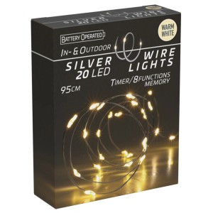 Verpackung der Silberdraht-Lichterkette mit 20 warmweißen LEDs für Innen und Außen.