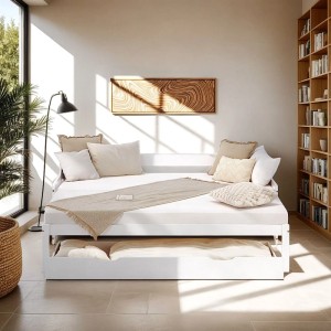 Weißes Homestyle4u Tagesbett 90x200 cm mit ausziehbarer Liegefläche und Matratze in hellem Raum.