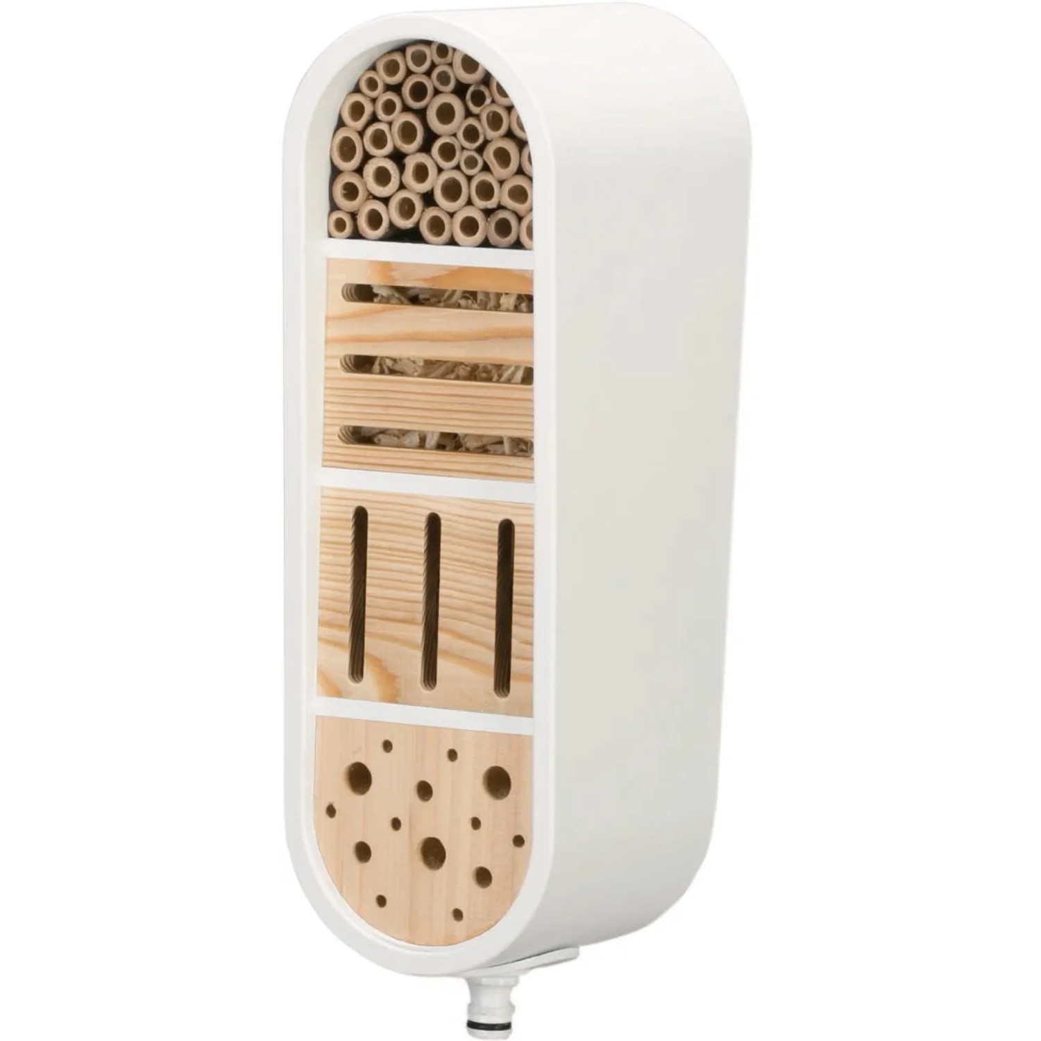 Gardena Insektenhotel ClickUp! mit verschiedenen Nistplätzen für Wildbienen, Schmetterlinge und Marienkäfer.