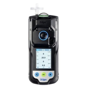 Schwarzes Dräger X-am 3500 Mehrgasmessgerät mit Pumpe, Display zeigt O2, CO, H2S Werte. Robustes Prüfwerkzeug.