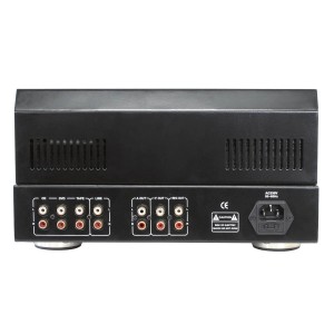 Rückansicht des schwarzen Dynavox TPR-1 Röhrenvorverstärkers mit Anschlüssen.