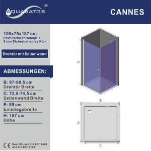 Aquabatos Dusche Pendeltür Duschkabine Eckeinstieg 100 x 75 x 187 cm Duschabtrennung Duschtür mit Seitenwand 5 mm ESG Duschtrennwand Glas Duschwand