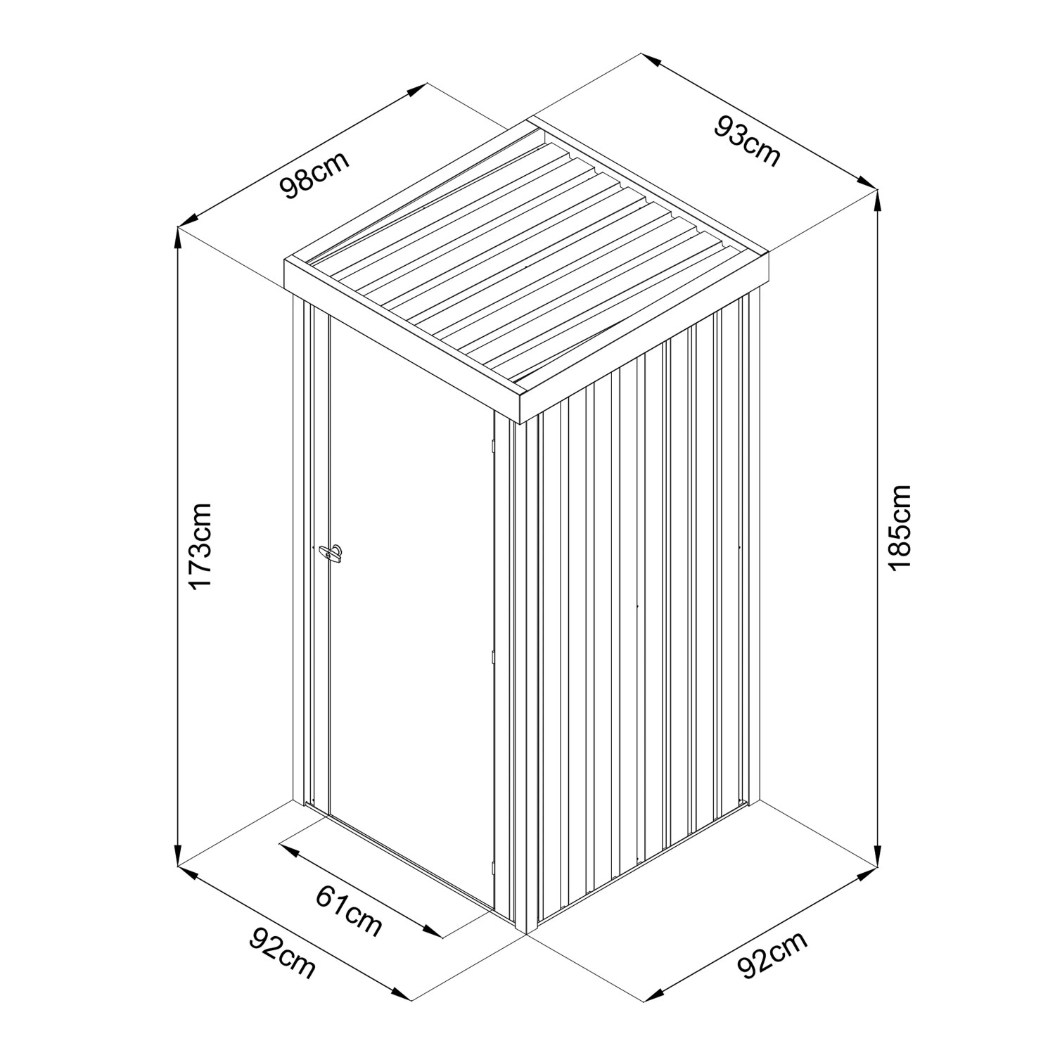 Skizze des Axi Gartenschranks Hector Premium 1300 l aus Metall in Anthrazit mit Maßangaben.
