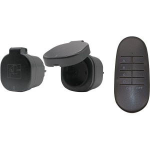 Funkschalter Set 2+1 für Außen: Zwei Funksteckdosen und eine Fernbedienung in Schwarz.