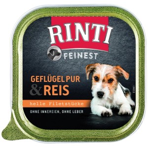 Rinti Feinest Hunde-Nassfutter Geflügel & Reis, 150g Schale. Alleinfutter für ausgewachsene Hunde.