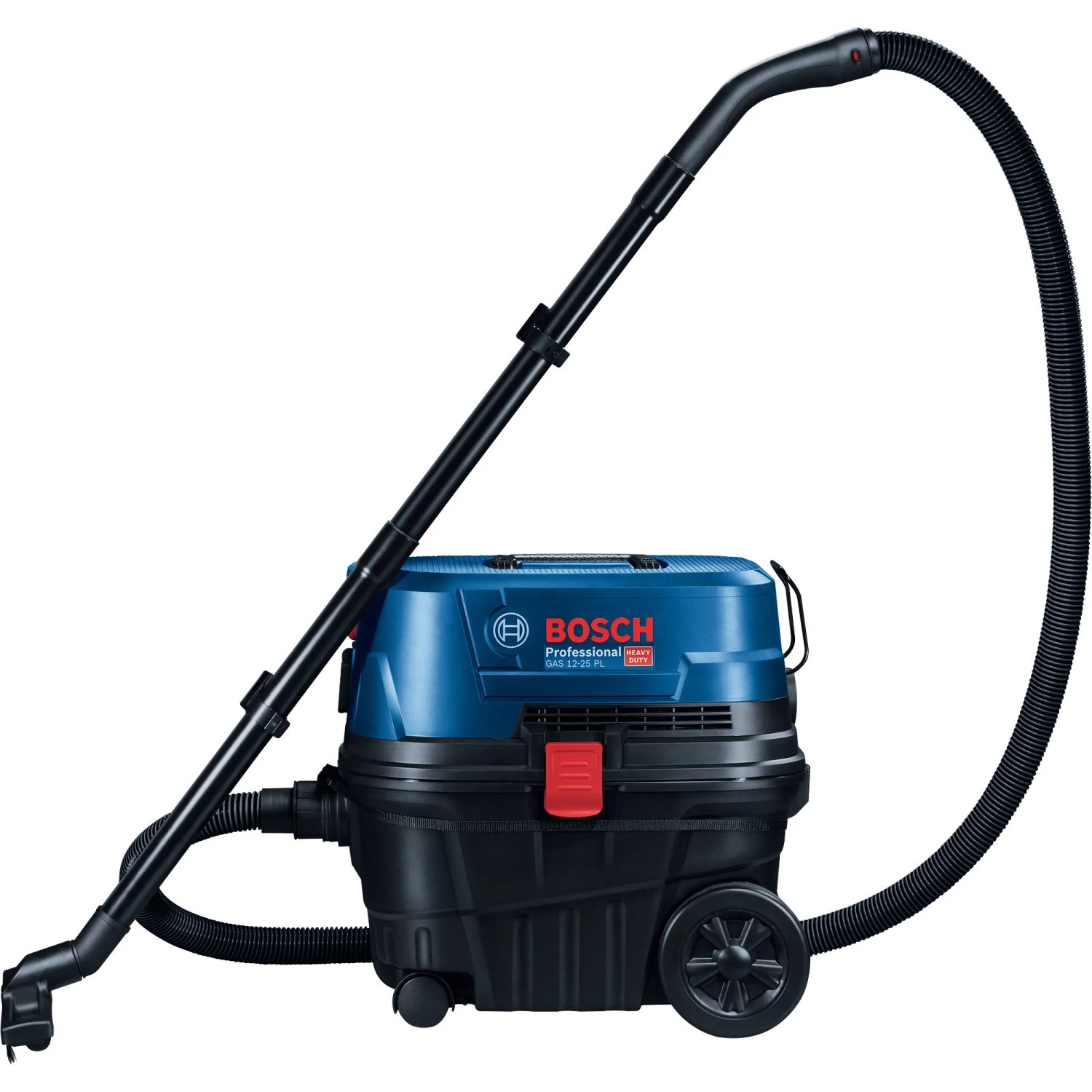 Bosch Professional GAS 12-25 PL Nass-/Trockensauger mit blauem Gehäuse und Zubehör.